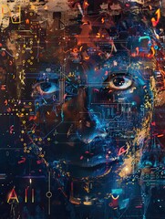 Wall Mural - Artificial intelligence, futuristic digital technology human and robot face close up, digital smart world metaverse concept. High quality AI generated image