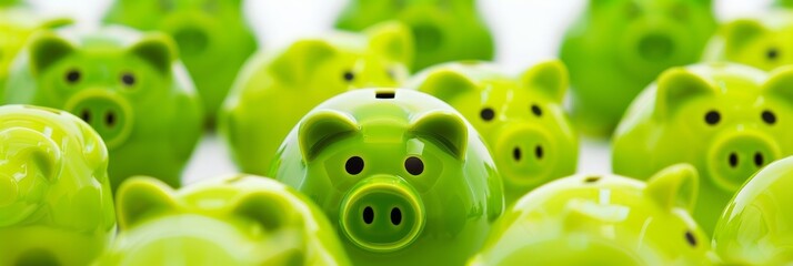 over a white background, there are many green piggy banks