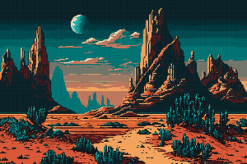 Wall Mural - Generative AI Wild West desert and mountains landscape. 8bit pixel art game scene. Indie game land panorama backdrop, vintage 8bit arcade or videogame level design AI generated asset with desert