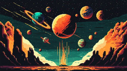 Wall Mural - Generative AI, space planets and galaxy universe landscape, vector AI generated 8bit pixel game scene. Space landscape background of planet surface with rocks and Saturn planet in starry sky of 8 bit