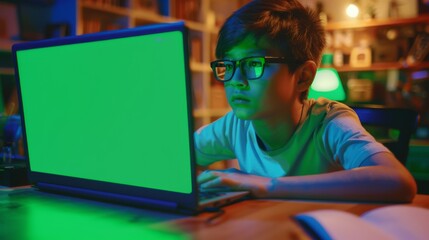 Canvas Print - Young boy working on his homework on a laptop computer with a green screen display. Teenager searching for educational research and studying school books.