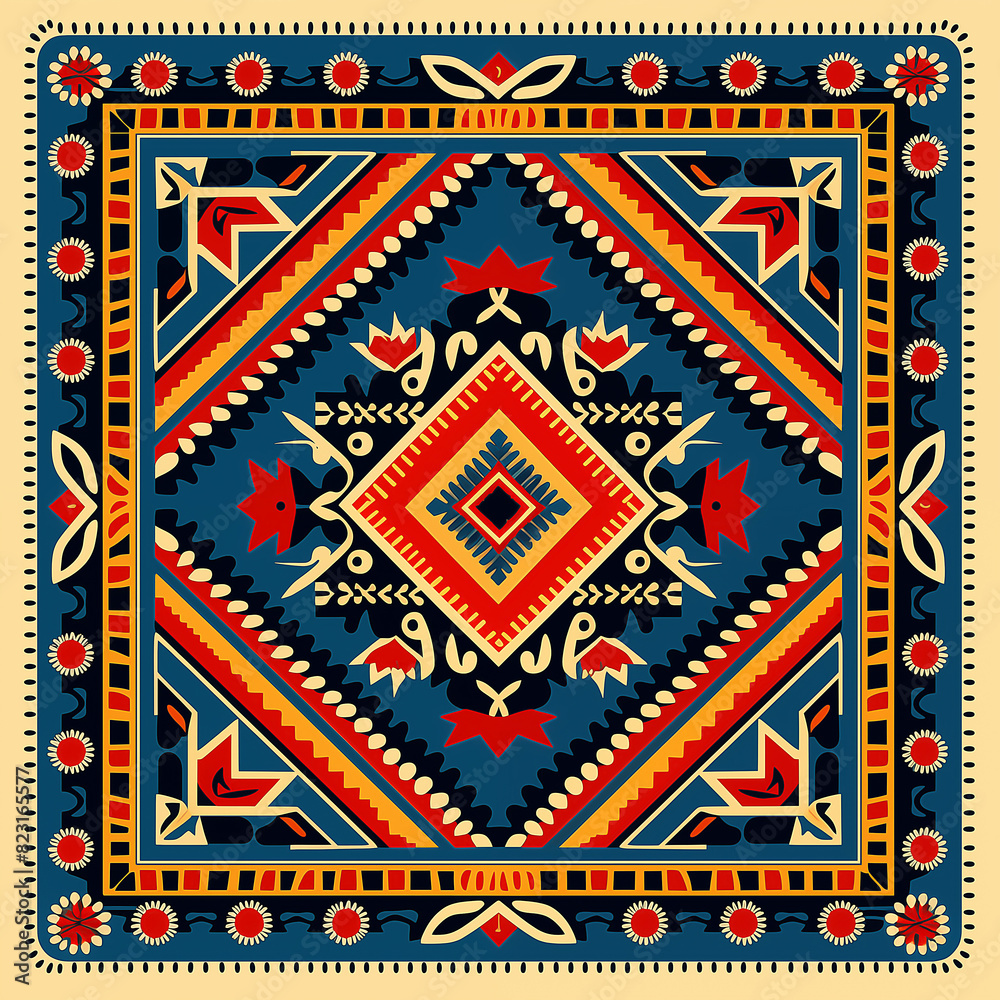 print design in the style of ethnic carpet patterns, Aztec art and African textile designs. Red blue yellow orange
