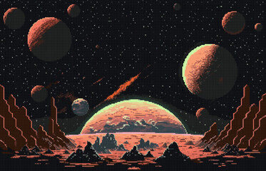 Wall Mural - Generative ai galaxy stars and planets landscape. 8Bit pixel art game scene with starry sky immerse in retro-futuristic ambiance of cosmos, capturing the essence of cosmic adventure and exploration