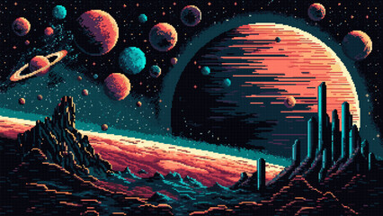 Wall Mural - Generative ai starry galaxy landscape with space planets, stars and asteroids with comets. 8Bit pixel art game scene. Mesmerizing cosmos, vibrant, breathtaking celestial landscape with a retro charm