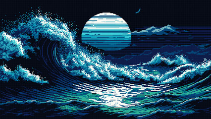 Wall Mural - 8 bit pixel art big sea waves and moon landscape. Ai generated game scene background, captures power of turbulent sea. Striking pixelated seascape view with twilight and raging waves at night