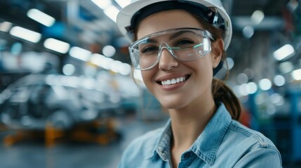 Poster - Young Smiling Female Engineer in White Hard Hat and Glasses at Car Assembly Plant in Modern Facility. Industrial Specialist Working on Vehicle Design.