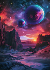 A colorful space scene with three planets and mountains