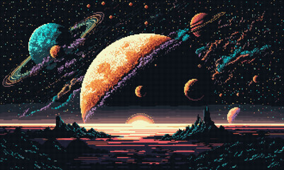 Wall Mural - Generative ai. Galaxy space planets landscape and starry universe. Ai generated 8 bit pixel art game scene with vibrant pixelated spheres and undulating terrain in the cosmic retro-futuristic backdrop