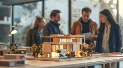 Poster - group of young architects, designers, developers, investors use building model to design sustainable