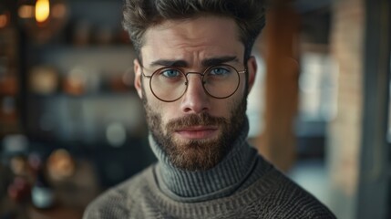 Poster - an indoor portrait of a happy handsome smart male. confident successful man wearing a turtleneck and