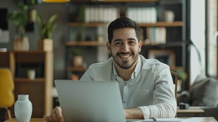 Poster - an office businessman speaks to the camera, smiling and looking up at the camera. this is a portrait