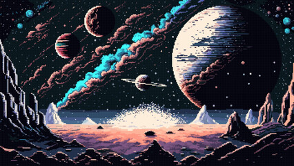 Wall Mural - Generative ai solar system, milky way galaxy stars and planets landscape. 8Bit pixel art game scene. Retro-inspired virtual world with pixelated nostalgic charm. Alien planet surface in far Universe