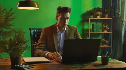 Poster - An office greenscreen background shows a young businessman sitting at his desk, working on a laptop. He is analyzing e-commerce data collected from big data.