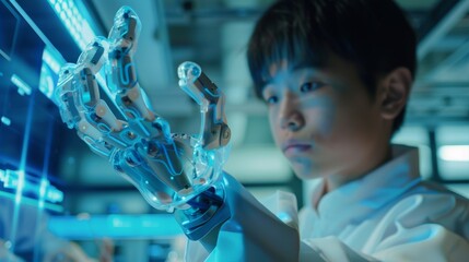 Poster - Robotic Hand Controlled by Tablet During University Classes. Asian Man Developing Software for Robotic Facility. Computer Science Concept.