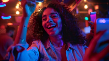 Poster - Streaming video on social media, close-up view of woman using smartphone. Good-looking guy dancing.