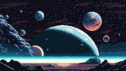 Generative ai. Alien galaxy stars and space planet surface landscape. Ai generated 8 bit pixel art game scene. Retro-inspired virtual world with pixelated nostalgic charm. Far Universe level location