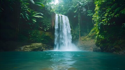 Canvas Print - Cascading Waterfall in Lush Tropical Rainforest Serene Nature Photography Concept with Copy Space