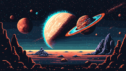 Wall Mural - Generative ai alien galaxy space planet surface landscape and stars on sky. Ai generated 8 bit pixel art game scene, unfolds pixelated terrain in cosmic harmony, upon the extraterrestrial panorama