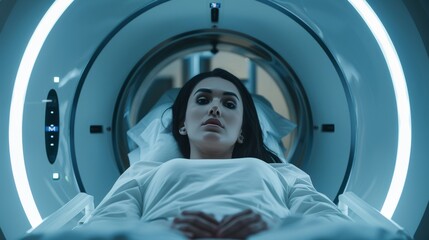 Poster - A female patient lying on a CT, PET, or MRI scan bed, moving inside it as it scans her brain and vitals. Augmented reality VFX in a hospital medical lab with high-tech equipment.