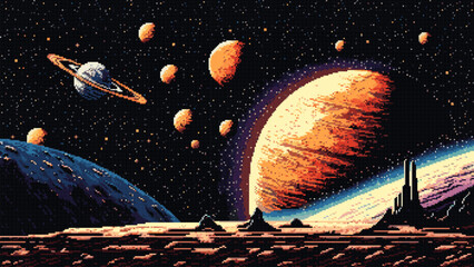 Wall Mural - Generative ai galaxy stars and planets in solar system landscape. 8Bit pixel art game scene with starry sky immerse in retro-futuristic ambiance, capturing essence of cosmic adventure and exploration