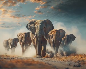 Wall Mural - Majestic Herd of Elephants Trekking Across the Awe Inspiring African Savanna Dust Swirling in the Ethereal Light