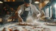 © Антон Сальников - A professional chef prepares pizza in a restaurant. He is tenderly kneading dough with traditional family recipe. Authentic Pizzeria with Organic Food. Cinematic Sunny Scene.