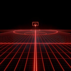 Wall Mural - 3d neon basketball court, red and navy glowing lines, black background, clay rendered, virtual game 