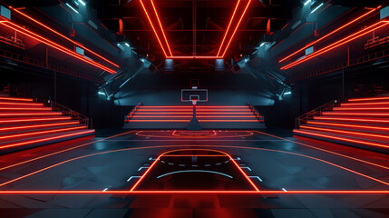 Wall Mural - futuristic basketball arena, neon accents, glowing red and navy lines, black background, 3d clay ren