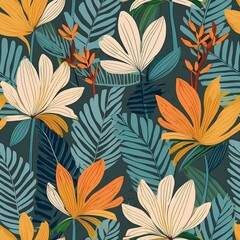 Wall Mural - Modern tropical floral pattern. Colorful abstract contemporary seamless pattern. Hand drawn unique print.