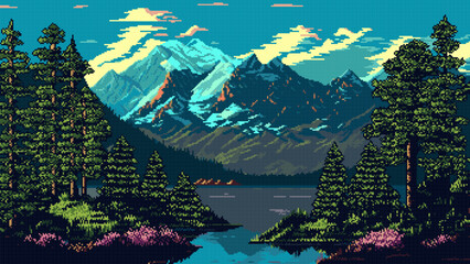 Wall Mural - Generative AI. Mountain lake landscape. 8 bit pixel art game scene background, indie pixel game nature panorama backdrop, retro PC arcade scenery with wild nature, mountain lake and forest