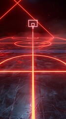 Wall Mural - neon basketball court, virtual sports game, red and navy glowing lines, black background, 3d clay re