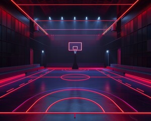 Wall Mural - virtual basketball court, neon lighting, red and navy glowing lines, black backdrop, clay rendered 3