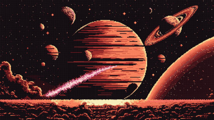 Generative ai. Mars red surface of space planet landscape. Ai generated 8 bit pixel art game scene, resembles a rich, rusty red palette, with pixelated details capturing captivating martian allure