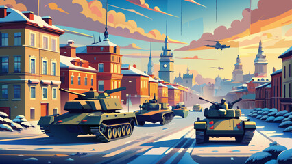 Wall Mural - Group of main battle tanks with a city on fire on the background. Military or army special operation