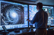© acambium64 - A meteorologist analyzing complex weather models on a large digital display, surrounded by tools like barometers and thermometers.