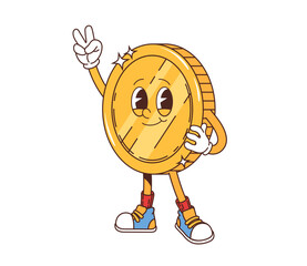 Retro groovy golden coin character. Vibrant and playful money piece personage giving a peace sign. Isolated cartoon vector gold shiny coin, dressed in a casual style sneakers, features a smiling face