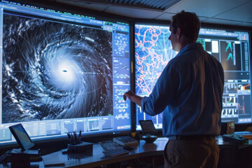 a meteorologist analyzing complex weather models on a large digital display, surrounded by tools lik