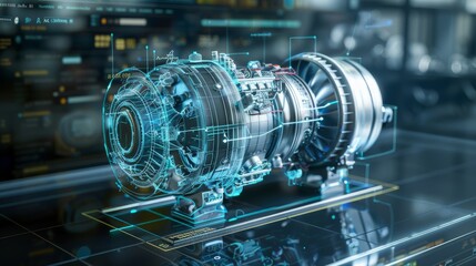 Poster - MockUp Template for CAD Software With Blueprint and 3D Models of Electric Powered Green Energy Jet Engine. Sketch of Turbine With Measurements. 3D Rendering.