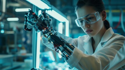 Poster - young engineer working in technological research and development company. assembling a bionic prosth