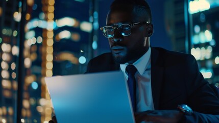 Poster - African Corporate Manager checking financial data on Project Management Report in Big City Office Late at Night. Close up shot of successful handsome black businessman using laptop in big city office