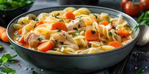 Wall Mural - Creamy chicken noodle soup with tender chicken veggies and fresh herbs. Concept Creamy, Chicken Noodle Soup, Tender Chicken, Veggies, Fresh Herbs