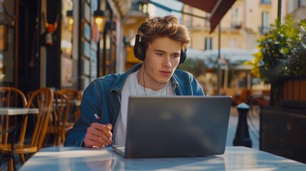 A young freelance designer in headphones has an online conversation with a client from a quiet restaurant terrace on the summer evening.