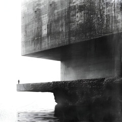 Wall Mural - a man stands on a ledge overlooking a body of water. the image is black and white, giving it a moody