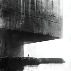 Wall Mural - a man stands on a ledge overlooking a body of water. the image is black and white, giving it a moody