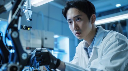 Poster - an asian engineer monitors and analyzes a modern electronics factory with the aid of automated robot