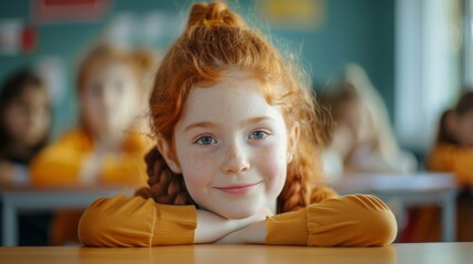 Poster - Animated portrait of a cute girl sitting behind a desk in elementary school. Young student is listening to a teacher during a lesson.