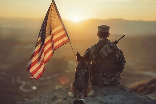back view of a soldier holding an american flag aloft on a mountain top, loyal german shepherd dog s