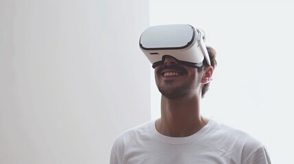 Wall Mural - A man joyfully explores virtual reality wearing white VR goggles on a flat white background. Generative AI