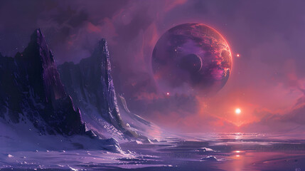 A beautiful alien planet with mountains and snow, a huge purple sun in the sky