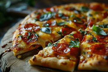 Wall Mural - Pizza with salami and mozzarella cheese. selective focus